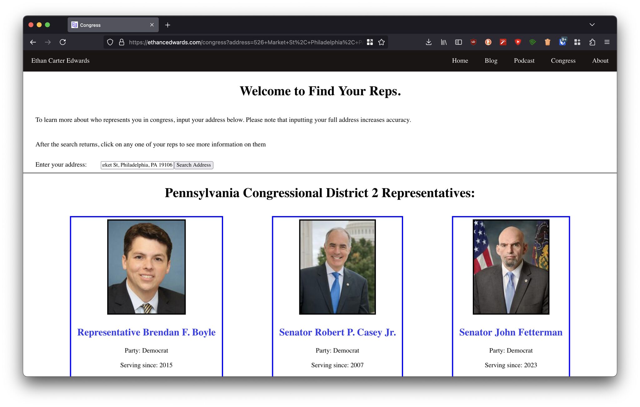Screenshot of the representative/senators after inputting an address