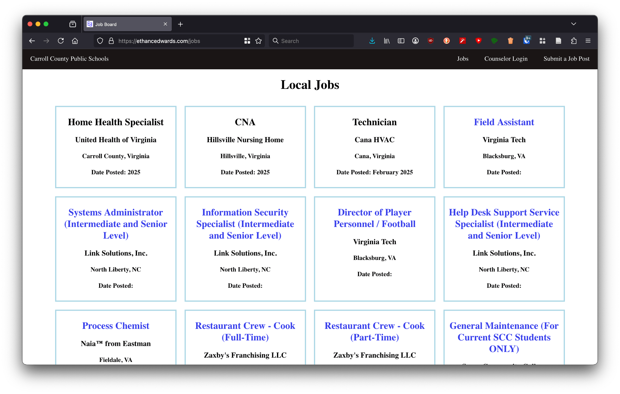 Screenshot of job listing landing page.
